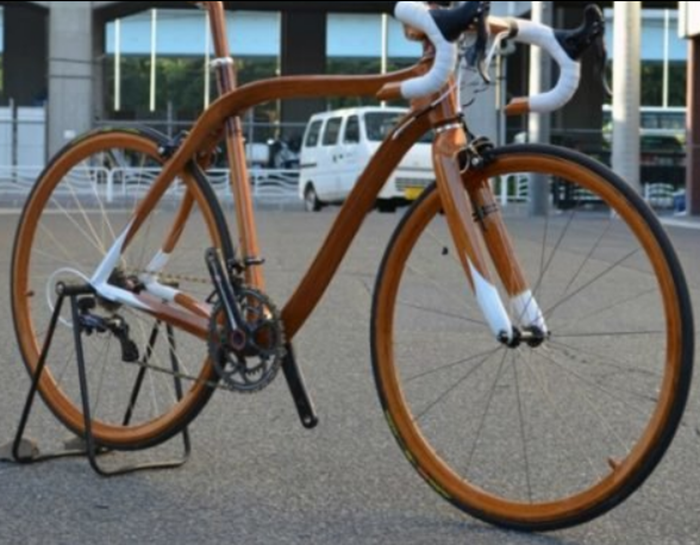 wooden bicycle right front angle image