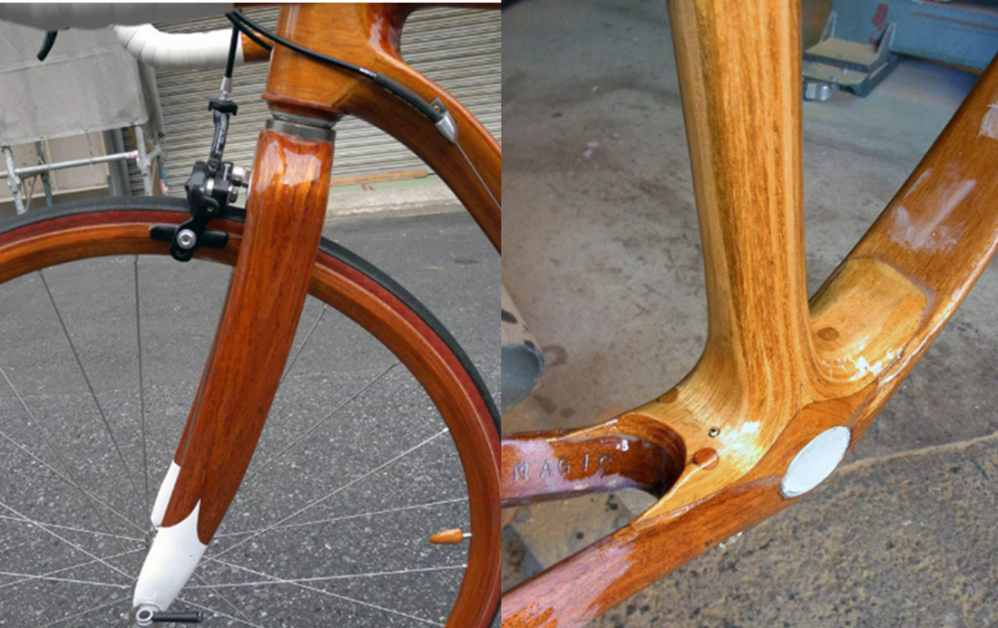 wooden bicycle fork and bottom bracket